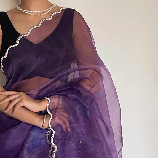 Mahi, Purple Organza Saree with Beadwork Border by Shobhangini, Purple Saree, Embellished Saree