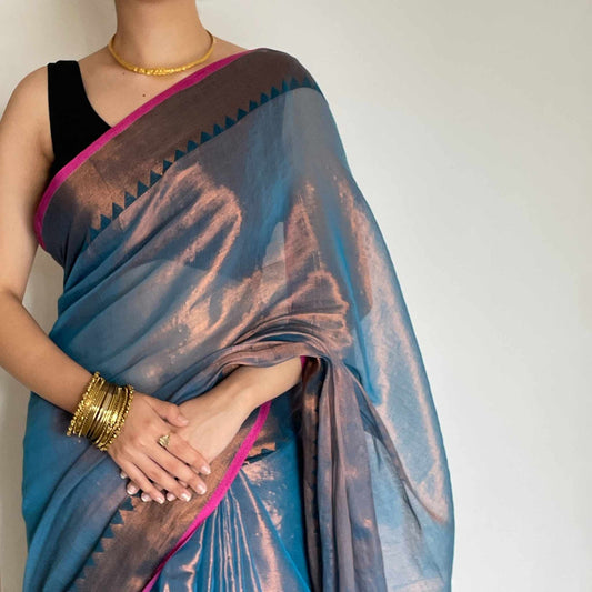 Malhar, Blue Raga Cotton Tissue Saree with Copper Zari Work by Shobhangini