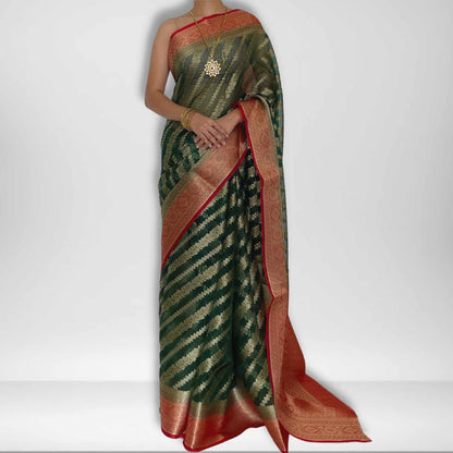 Manjiri, Green, Red and Gold Banarasi Organza Saree by Shobhangini, Banarasi Saree, Silk Saree