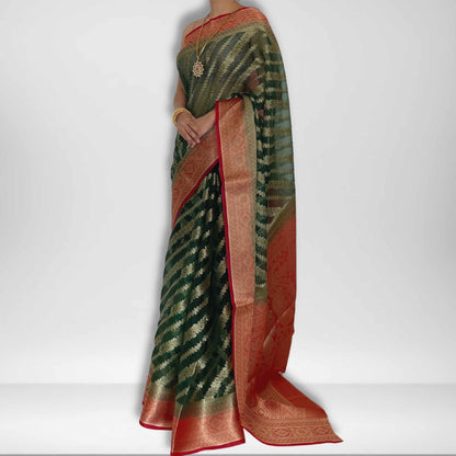 Manjiri, Green, Red and Gold Banarasi Organza Saree by Shobhangini, Banarasi Saree, Silk Saree