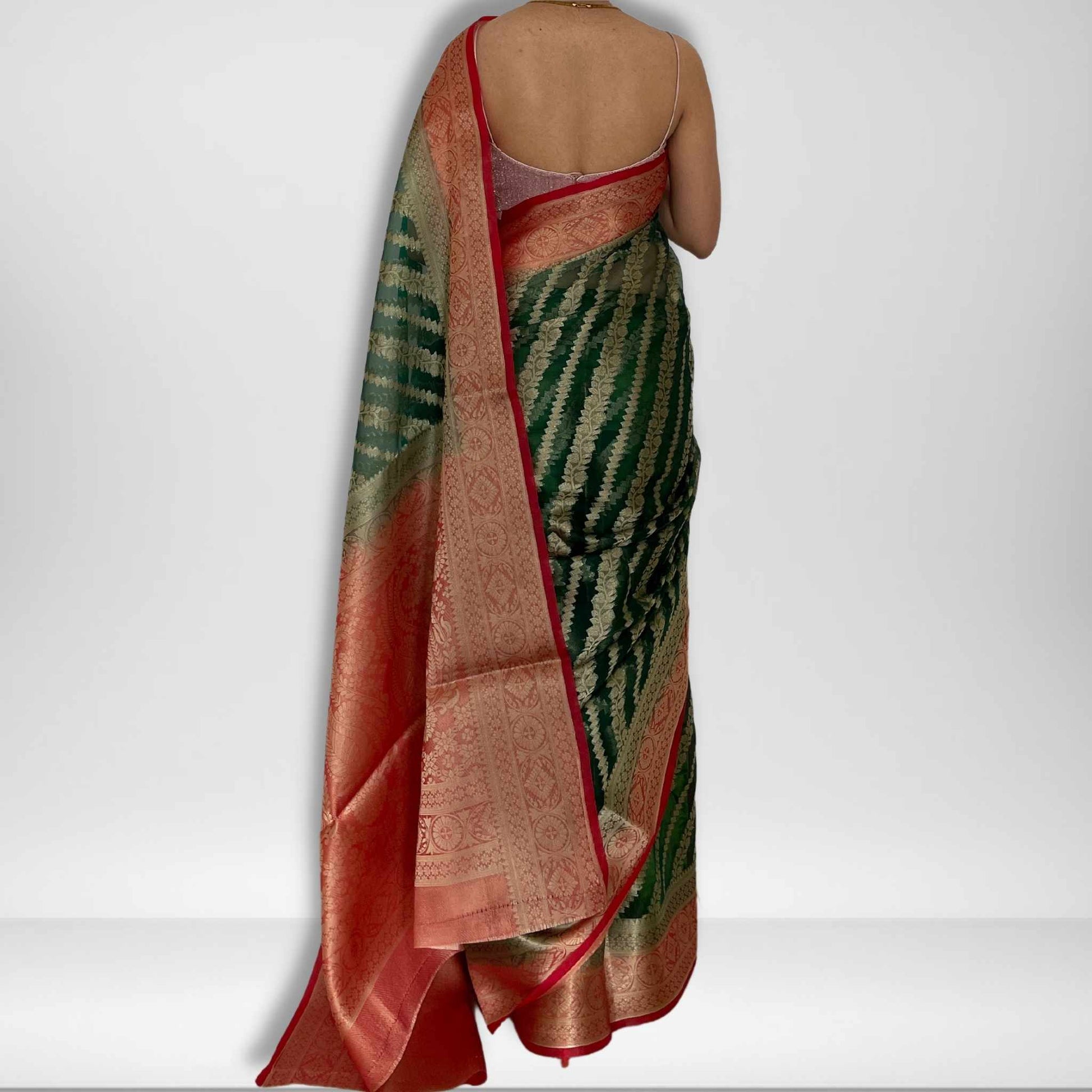 Manjiri, Green, Red and Gold Banarasi Organza Saree by Shobhangini, Banarasi Saree, Silk Saree