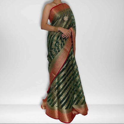 Manjiri, Green, Red and Gold Banarasi Organza Saree by Shobhangini, Banarasi Saree, Silk Saree