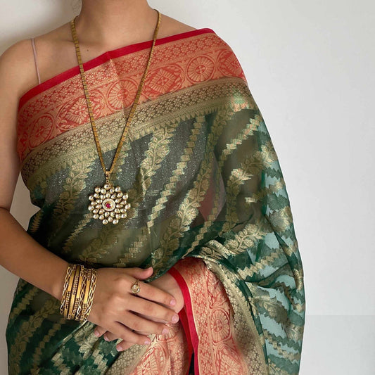 Manjiri, Green, Red and Gold Banarasi Organza Saree by Shobhangini, Banarasi Saree, Silk Saree