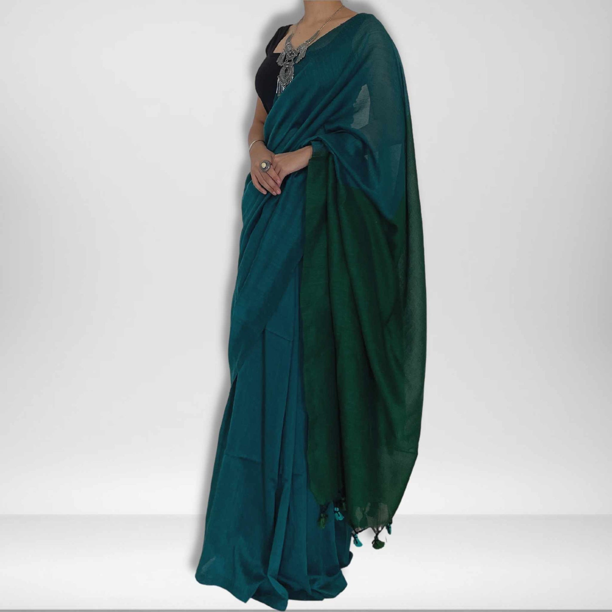 Mayil, Sea Green and Sea Blue Khadi Saree by Shobhangini, Khadi Saree, Cotton Saree