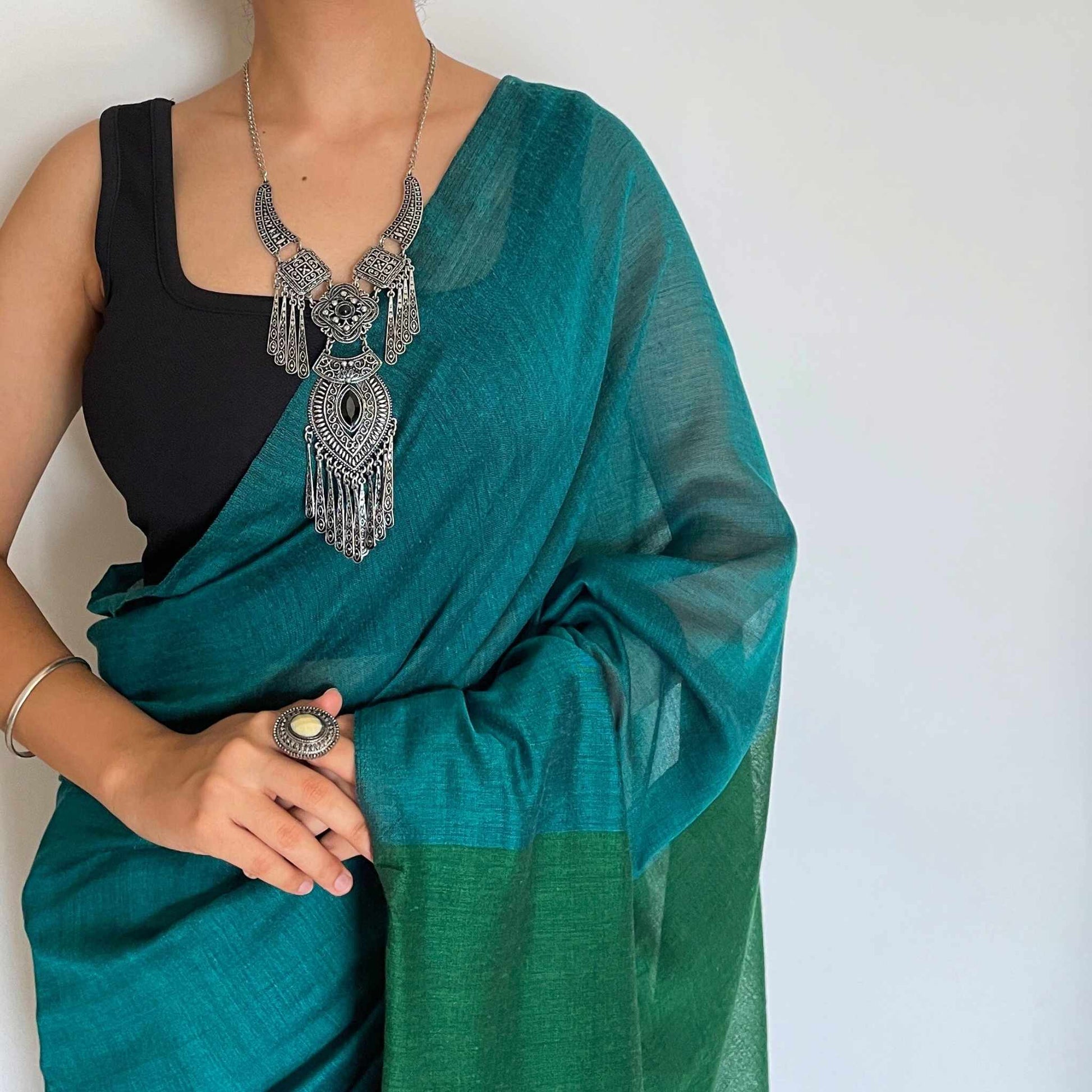 Mayil, Sea Green and Sea Blue Khadi Saree by Shobhangini, Khadi Saree, Cotton Saree