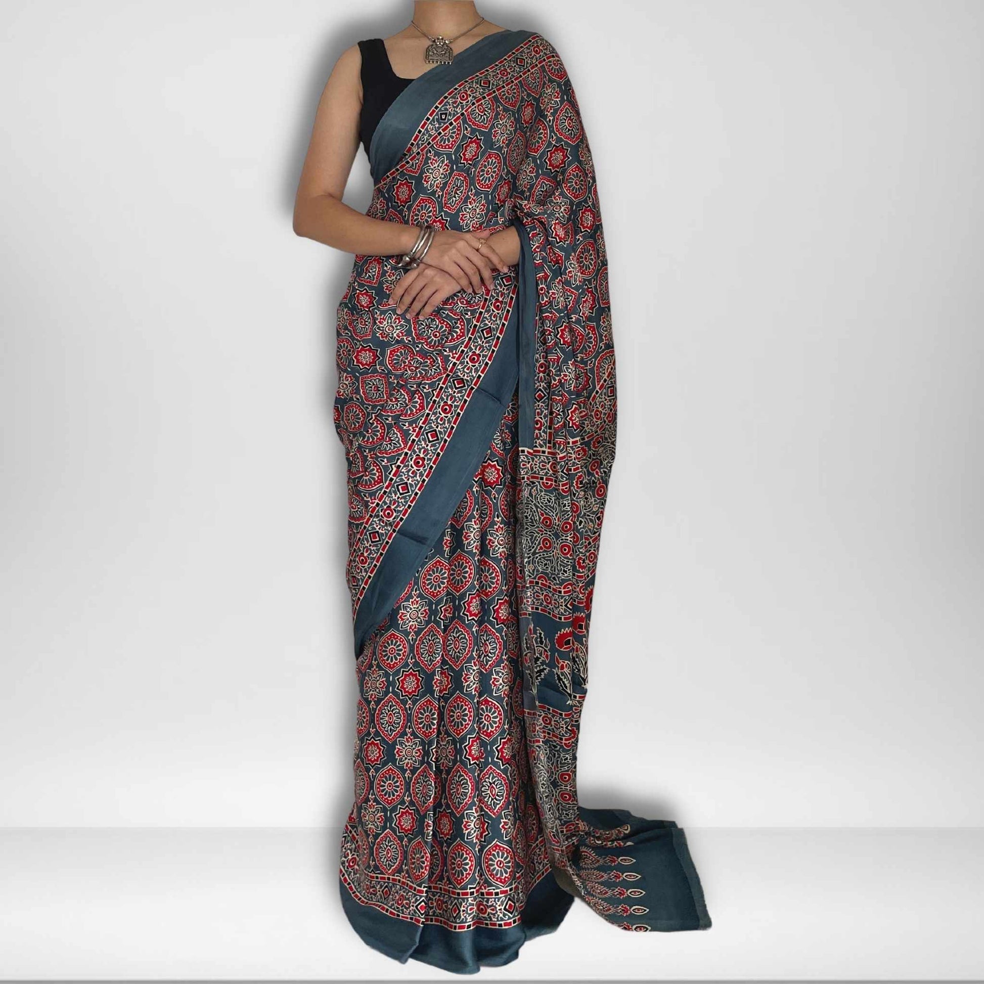 Mohana, Grey Modal Saree with Ajrak Print by Shobhangini, Modal Saree, Ajrak Print Saree