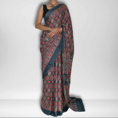 Mohana, Grey Modal Saree with Ajrak Print by Shobhangini, Modal Saree, Ajrak Print Saree