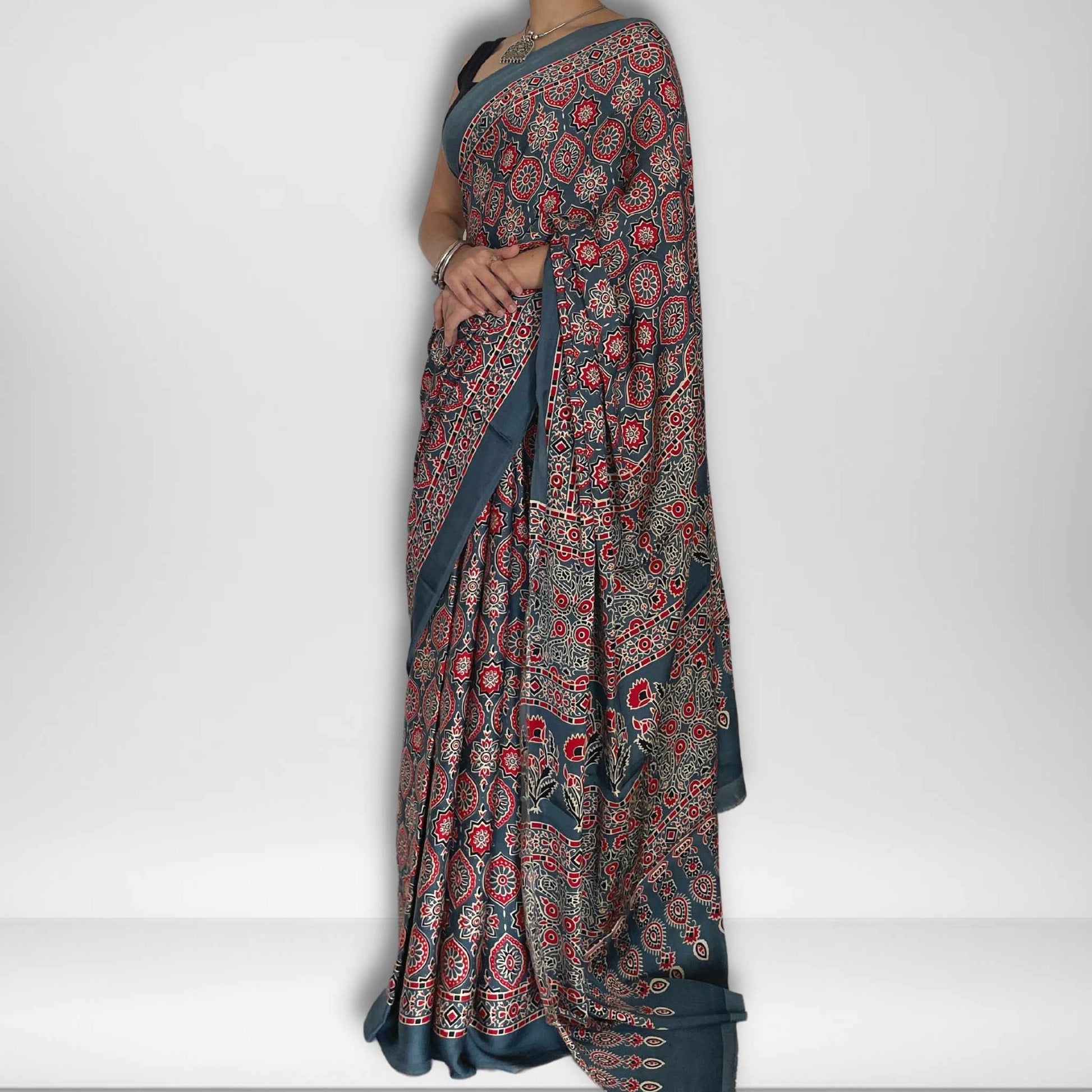 Mohana, Grey Modal Saree with Ajrak Print by Shobhangini, Modal Saree, Ajrak Print Saree