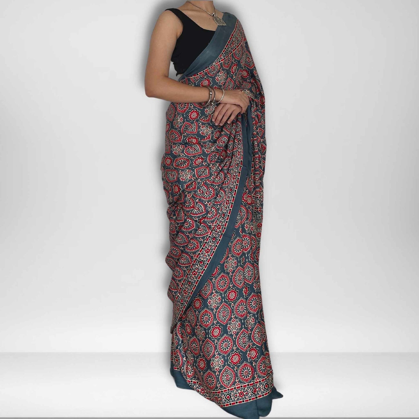 Mohana, Grey Modal Saree with Ajrak Print by Shobhangini, Modal Saree, Ajrak Print Saree