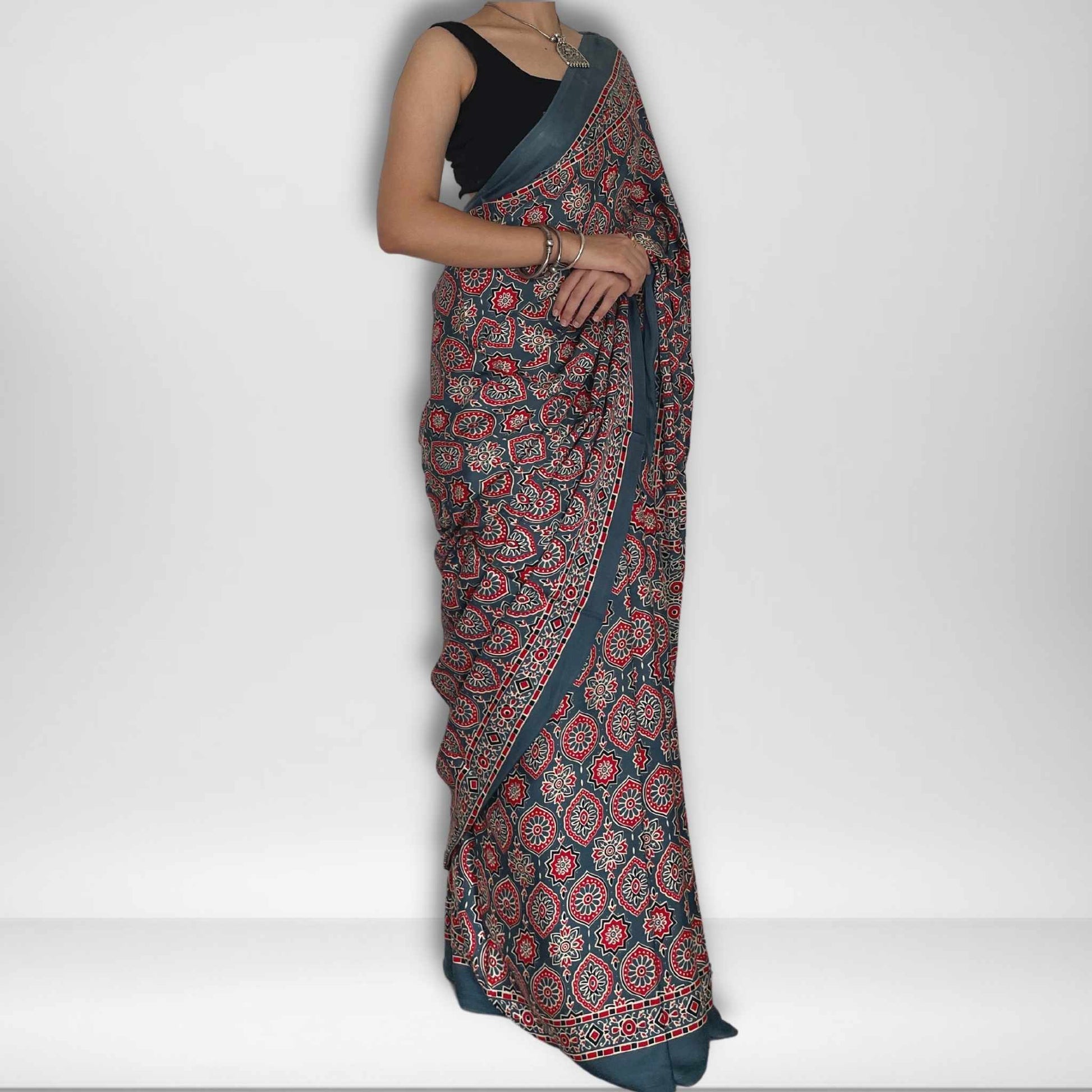 Mohana, Grey Modal Saree with Ajrak Print by Shobhangini, Modal Saree, Ajrak Print Saree