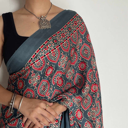 Mohana, Grey Modal Saree with Ajrak Print by Shobhangini, Modal Saree, Ajrak Print Saree