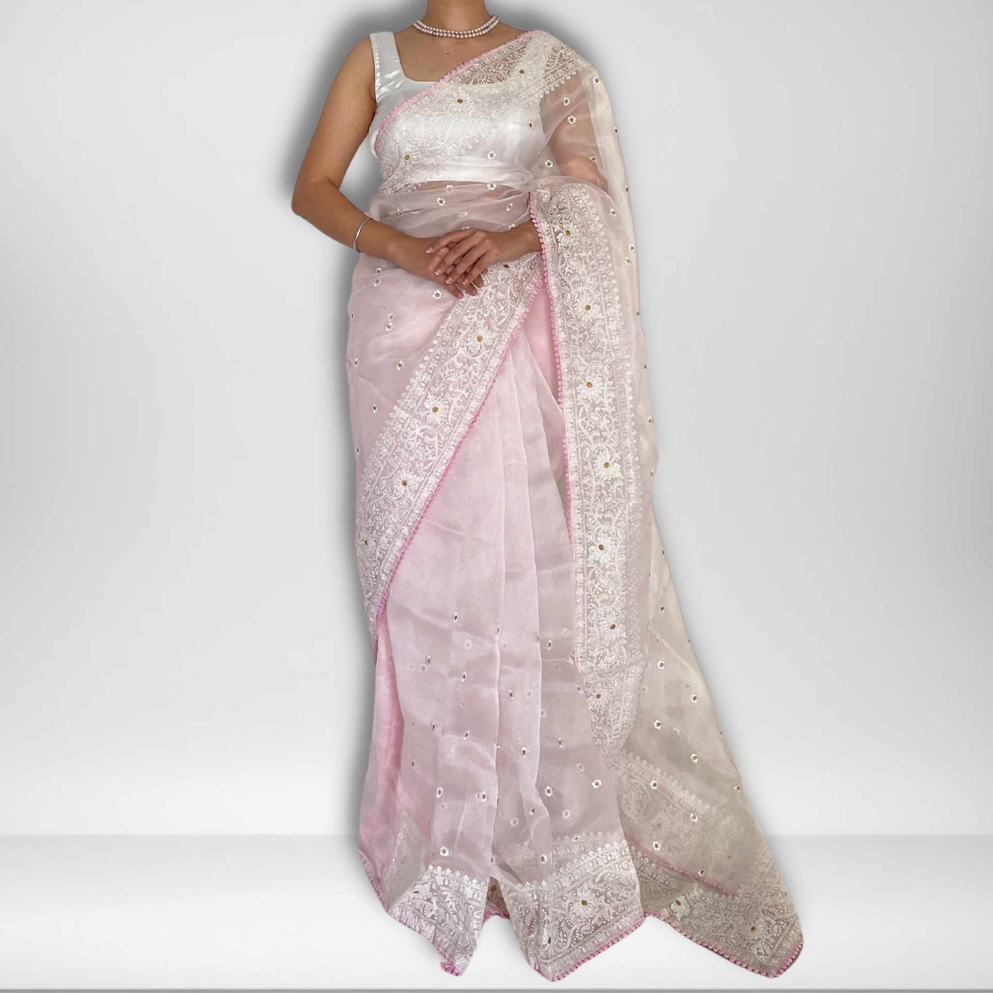 Mya, Pink Chikankari Organza Saree by Shobhangini, Lucknow Chikan Embroidery Saree