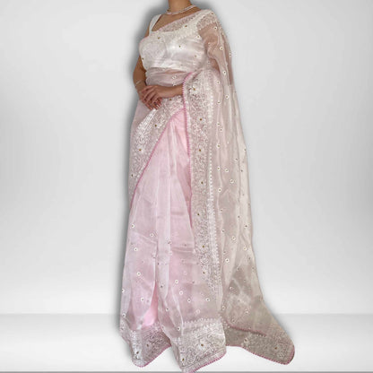 Mya, Pink Chikankari Organza Saree by Shobhangini, Lucknow Chikan Embroidery Saree