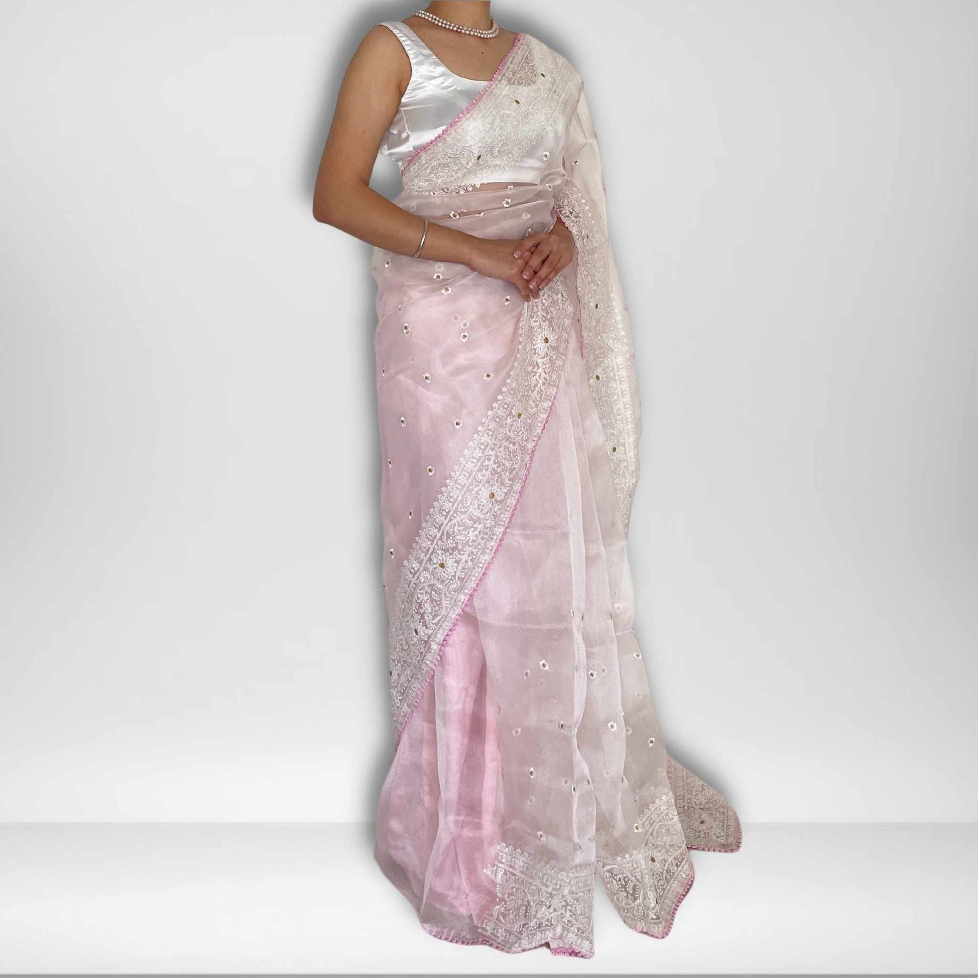 Mya, Pink Chikankari Organza Saree by Shobhangini, Lucknow Chikan Embroidery Saree