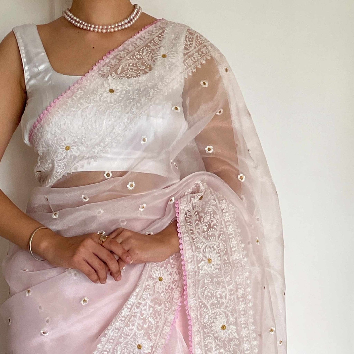 Mya, Pink Chikankari Organza Saree by Shobhangini, Lucknow Chikan Embroidery Saree