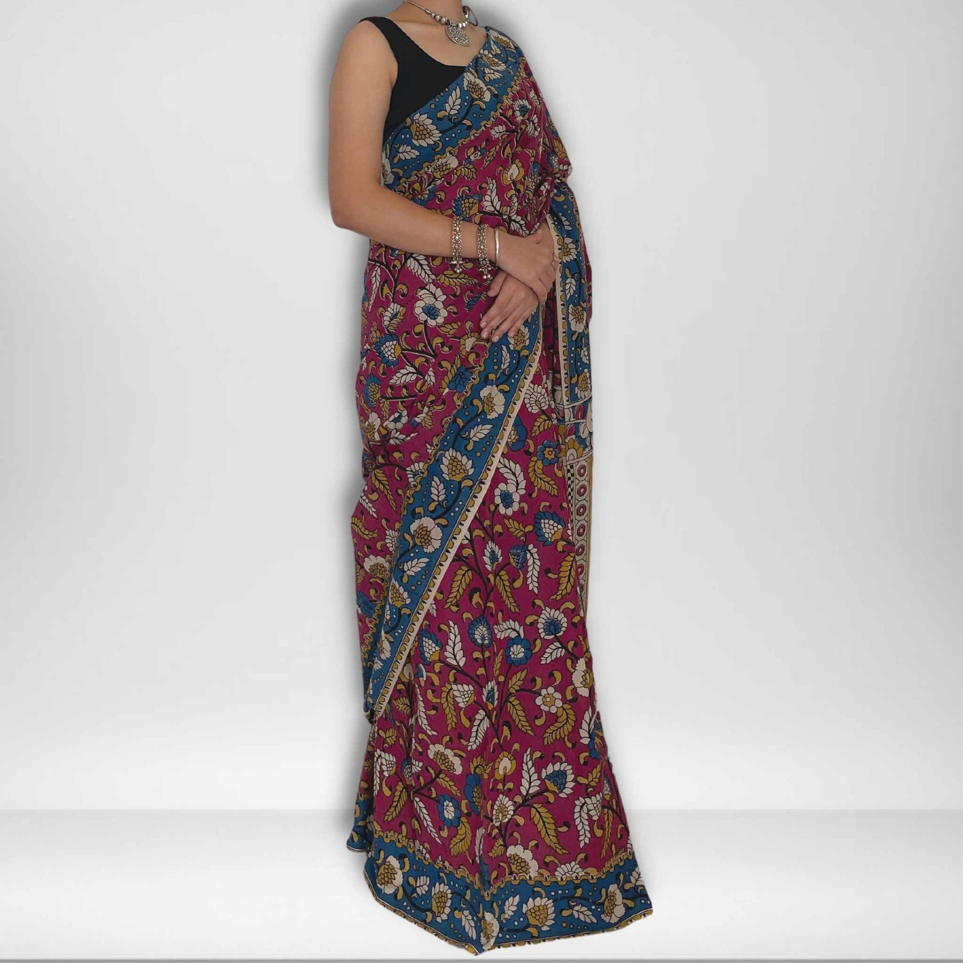 Myra, Yellow and Pink Mul Cotton Saree with Kalamkari Print by Shobhangini, Kalamkari Saree, Cotton Saree