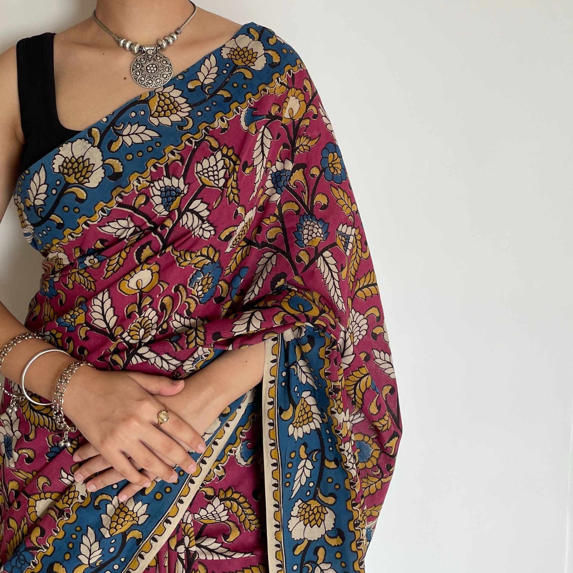 Myra, Yellow and Pink Mul Cotton Saree with Kalamkari Print by Shobhangini, Kalamkari Saree, Cotton Saree