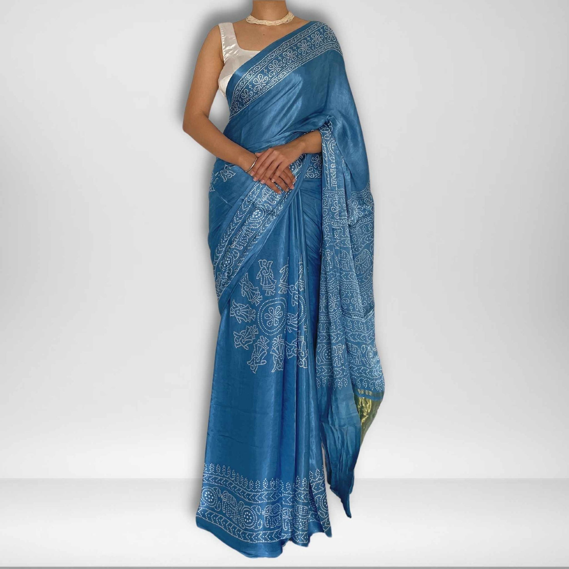 Neelam, Blue Modal Saree with Bandhani and Zari Work on Pallu by Shobhangini, Modal Saree, Bandhani Saree