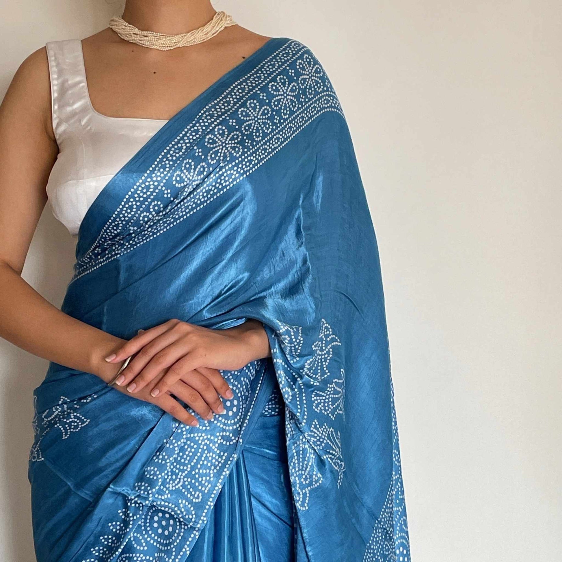 Neelam, Blue Modal Saree with Bandhani and Zari Work on Pallu by Shobhangini, Modal Saree, Bandhani Saree