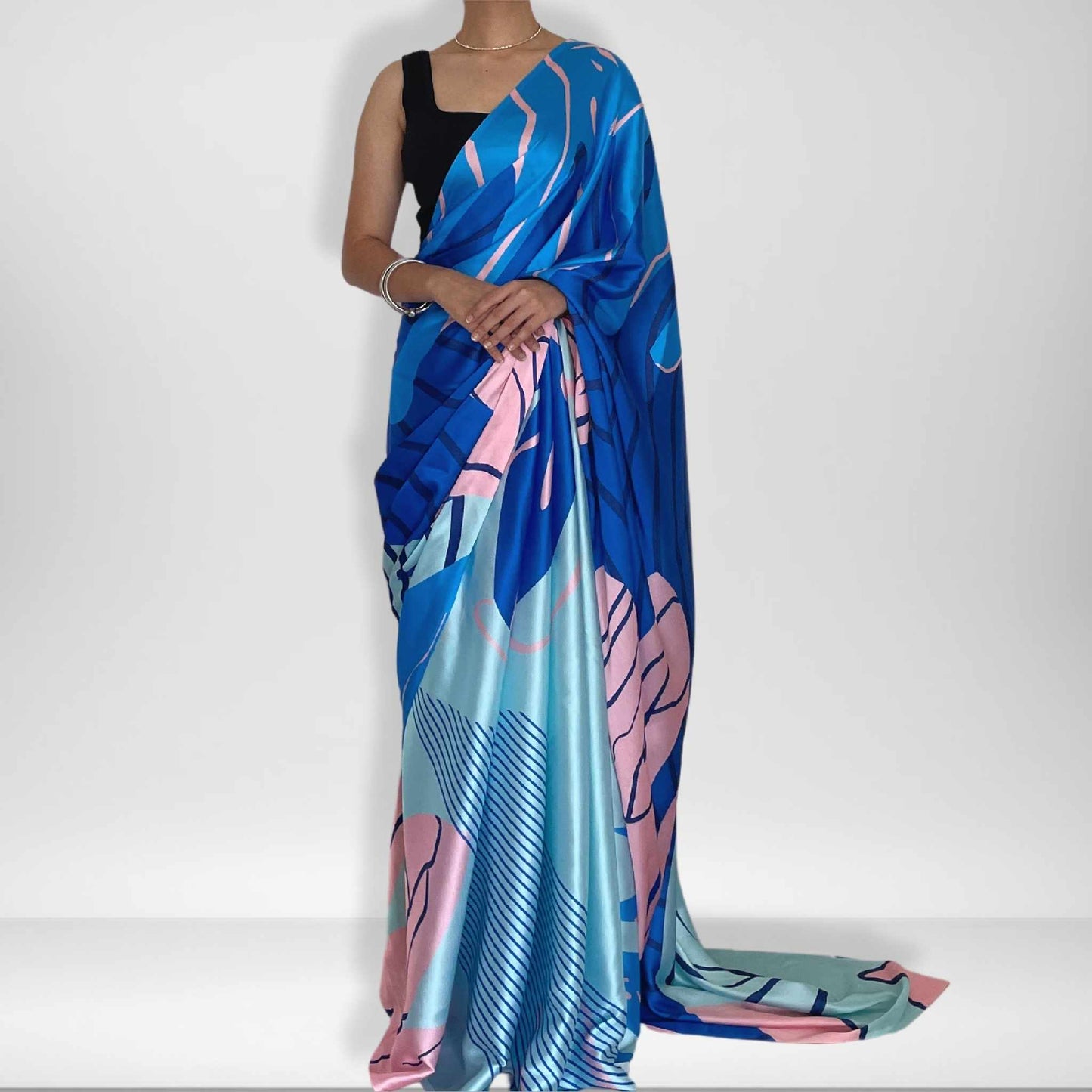 Nilah, Shobhangini Satin Silk Saree, Blue Digital Print Saree