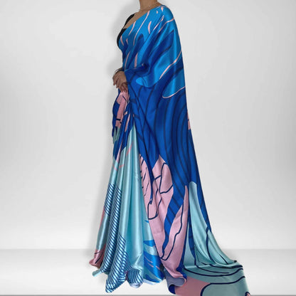 Nilah, Shobhangini Satin Silk Saree, Blue Digital Print Saree