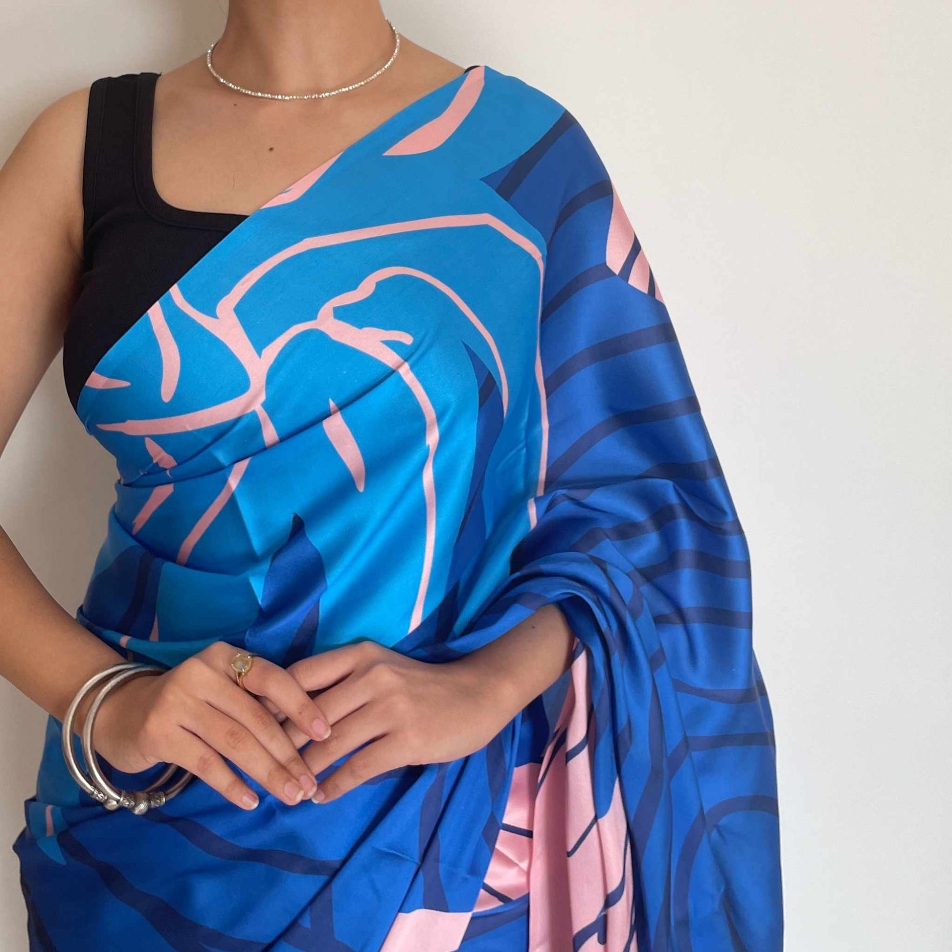 Nilah, Shobhangini Satin Silk Saree, Blue Digital Print Saree