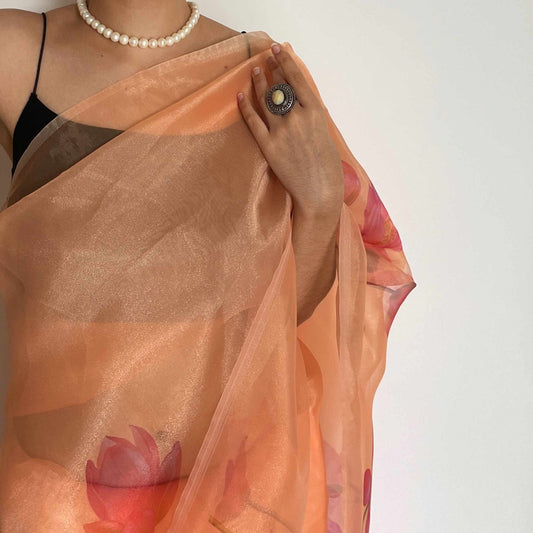 Padmaja, Orange Organza Saree by Shobhangini, Organza Saree, Orange Saree