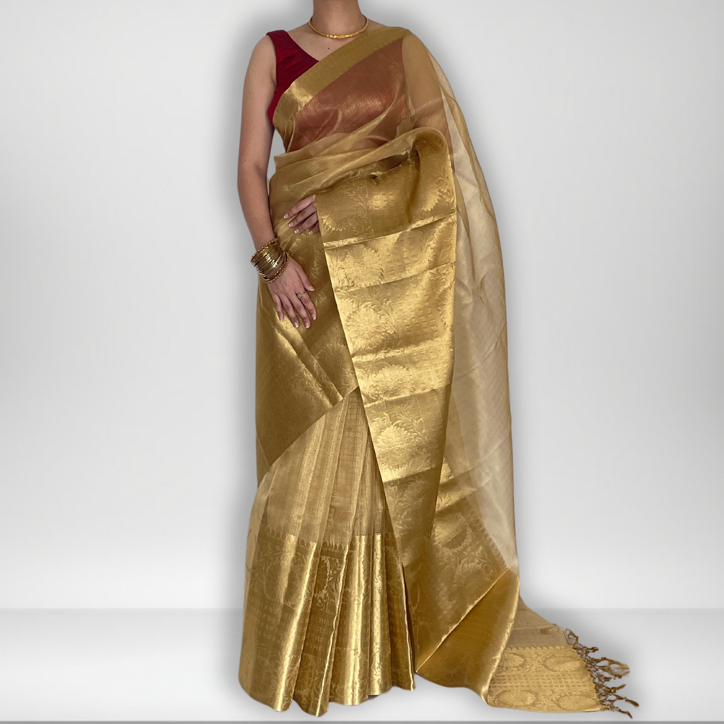 Golden tissue saree with intricate zari border, Work by Shobhangini. Luxurious golden saree, perfect for weddings and festive occasions.