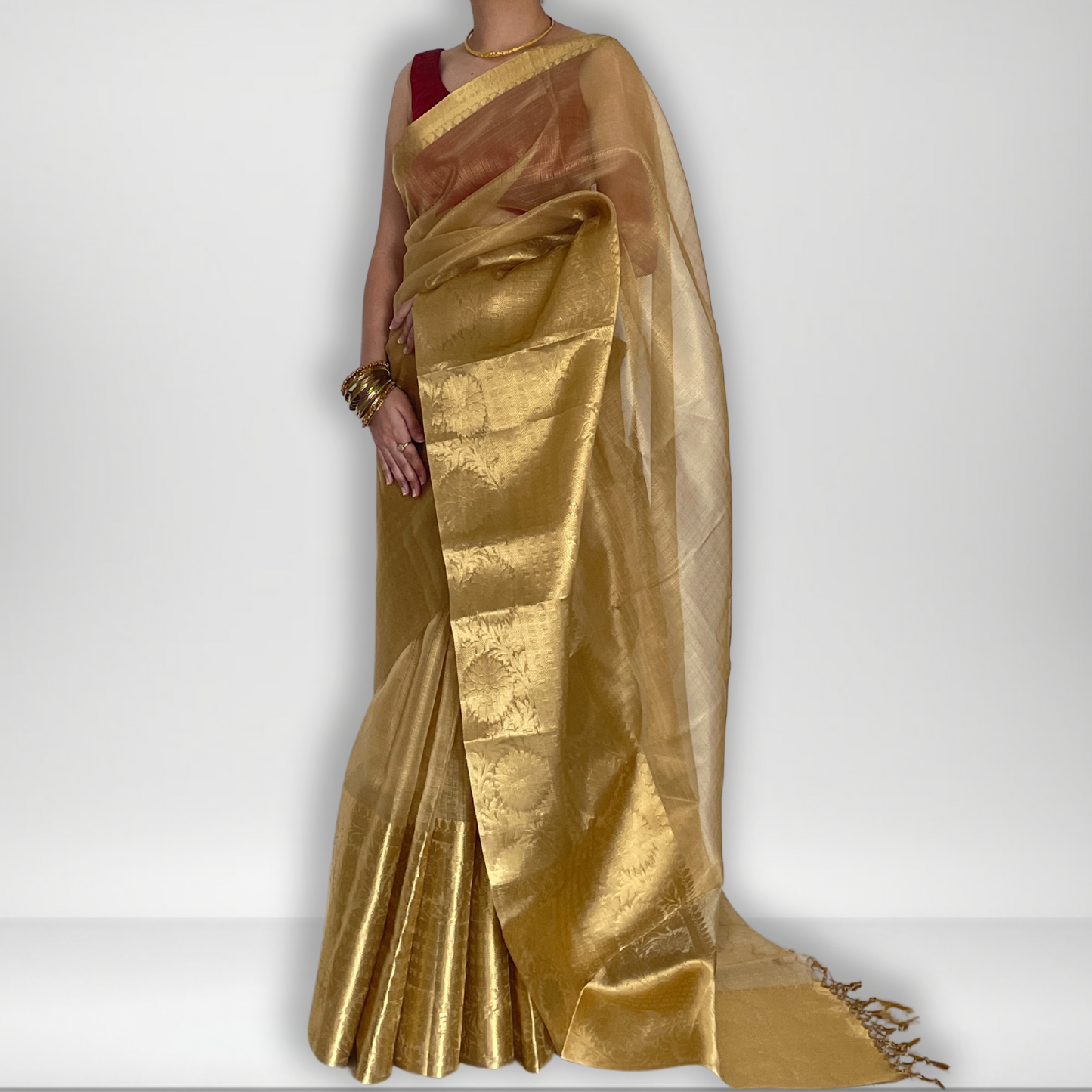 Golden tissue saree with intricate zari border, Work by Shobhangini. Luxurious golden saree, perfect for weddings and festive occasions.