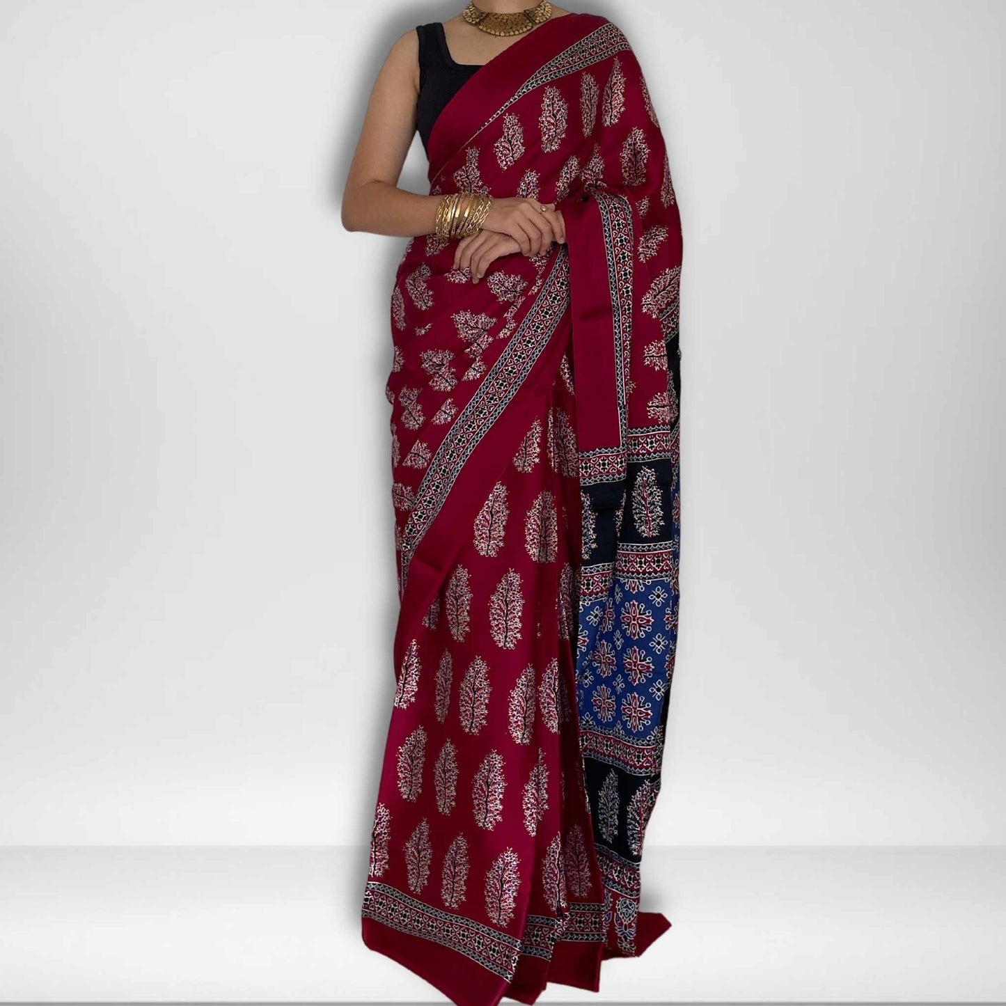 Radhika, Blue, Black and Red Modal Saree with Ajrak Print by Shobhangini, Modal Saree, Ajrak Print Saree