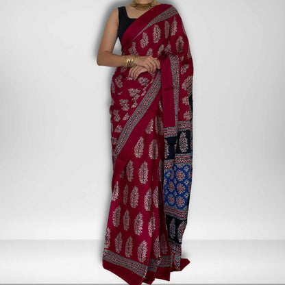 Radhika, Blue, Black and Red Modal Saree with Ajrak Print by Shobhangini, Modal Saree, Ajrak Print Saree