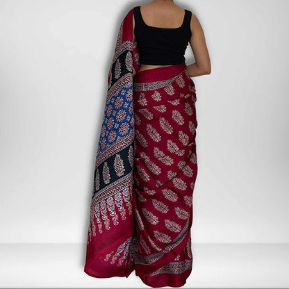 Radhika, Blue, Black and Red Modal Saree with Ajrak Print by Shobhangini, Modal Saree, Ajrak Print Saree