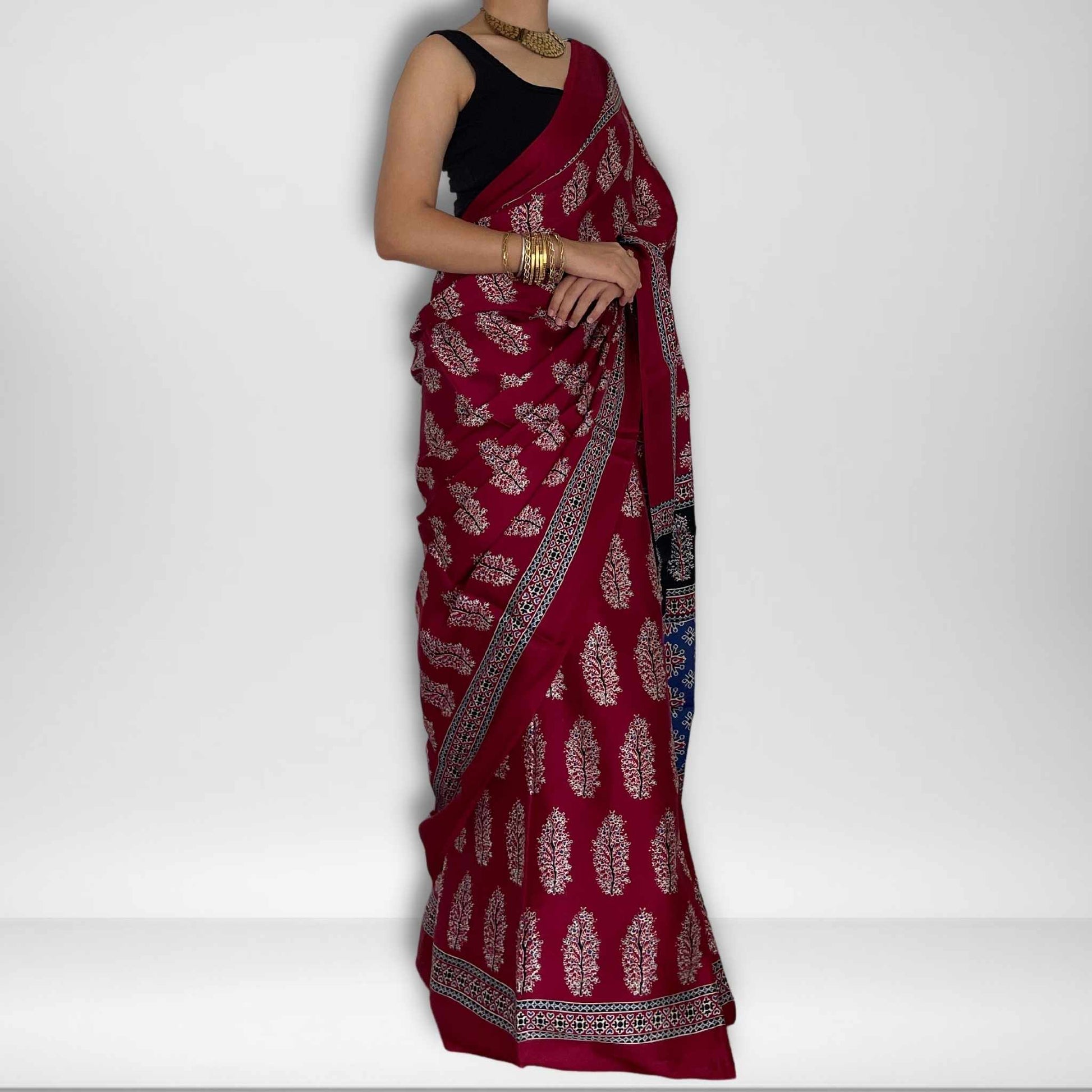 Radhika, Blue, Black and Red Modal Saree with Ajrak Print by Shobhangini, Modal Saree, Ajrak Print Saree