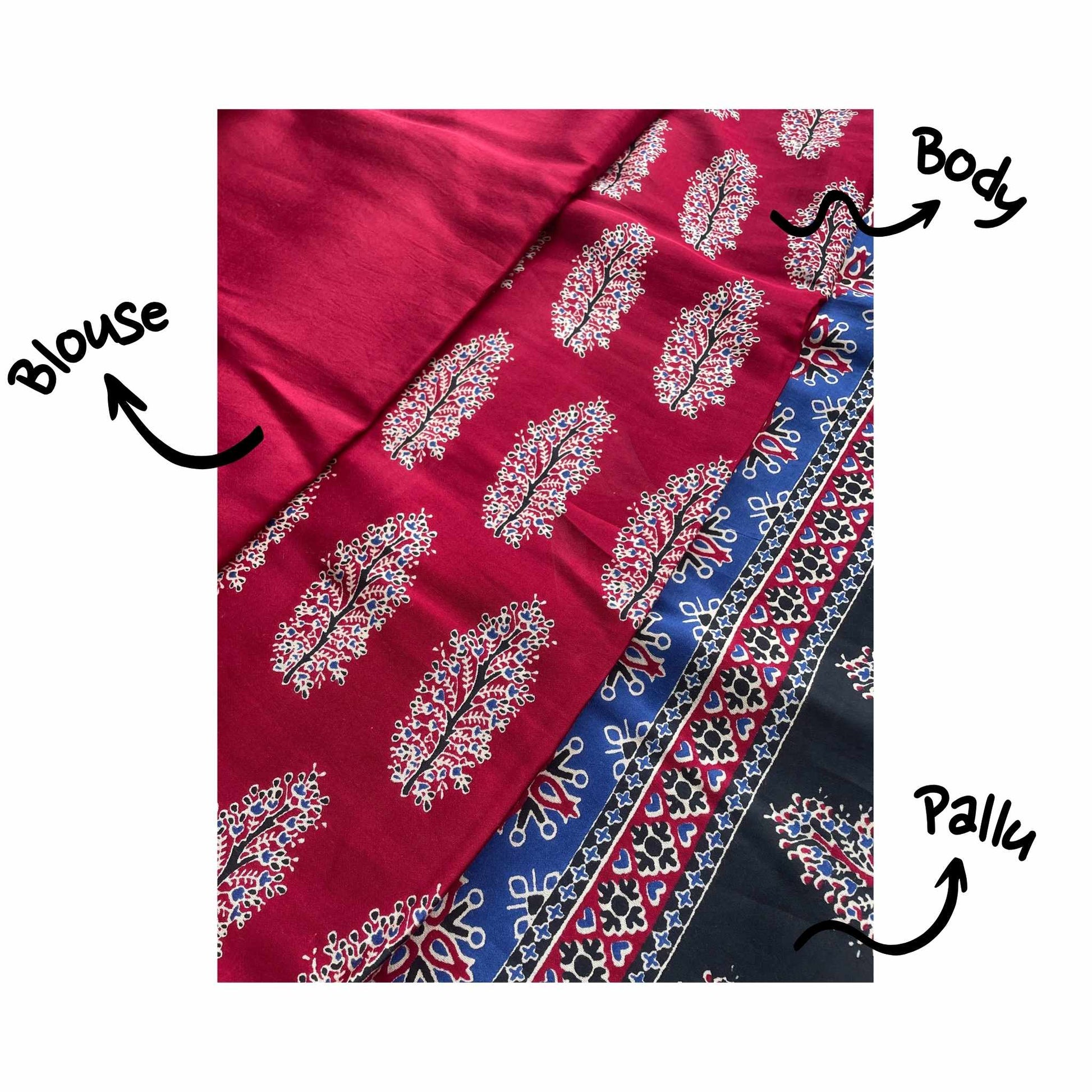 Radhika, Blue, Black and Red Modal Saree with Ajrak Print by Shobhangini, Modal Saree, Ajrak Print Saree