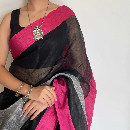 Ramma, Pink, Black and Grey Khadi Saree by Shobhangini