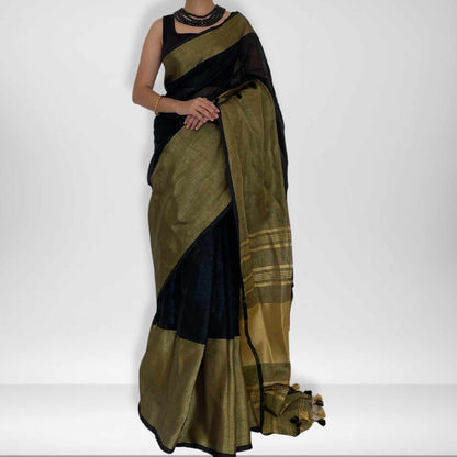 Ramya, Black and Gold Zari Khadi Saree by Shobhangini