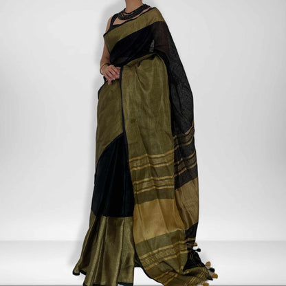 Ramya, Black and Gold Zari Khadi Saree by Shobhangini