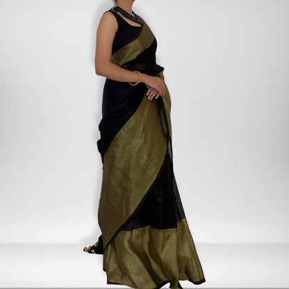 Ramya, Black and Gold Zari Khadi Saree by Shobhangini