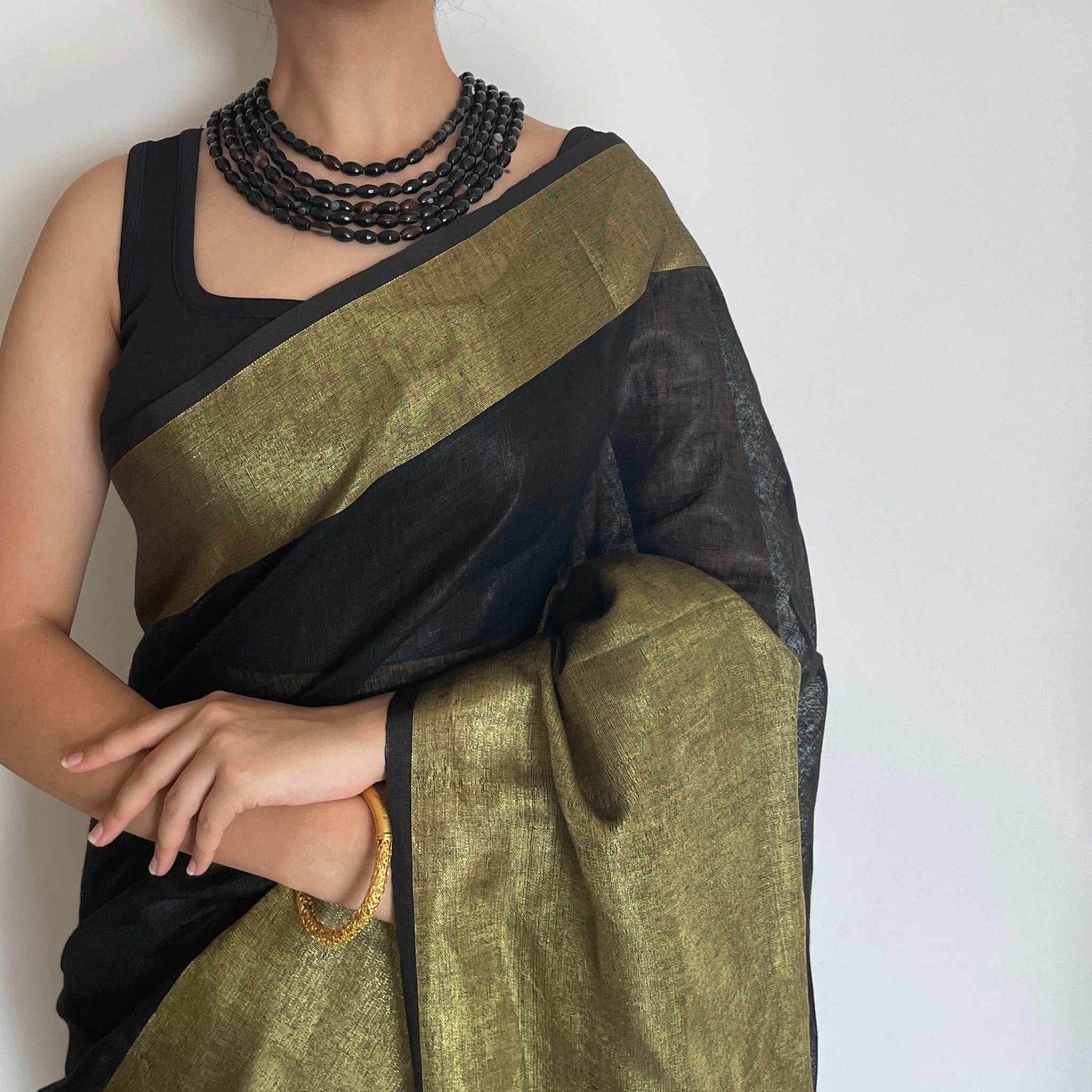 Ramya, Black and Gold Zari Khadi Saree by Shobhangini