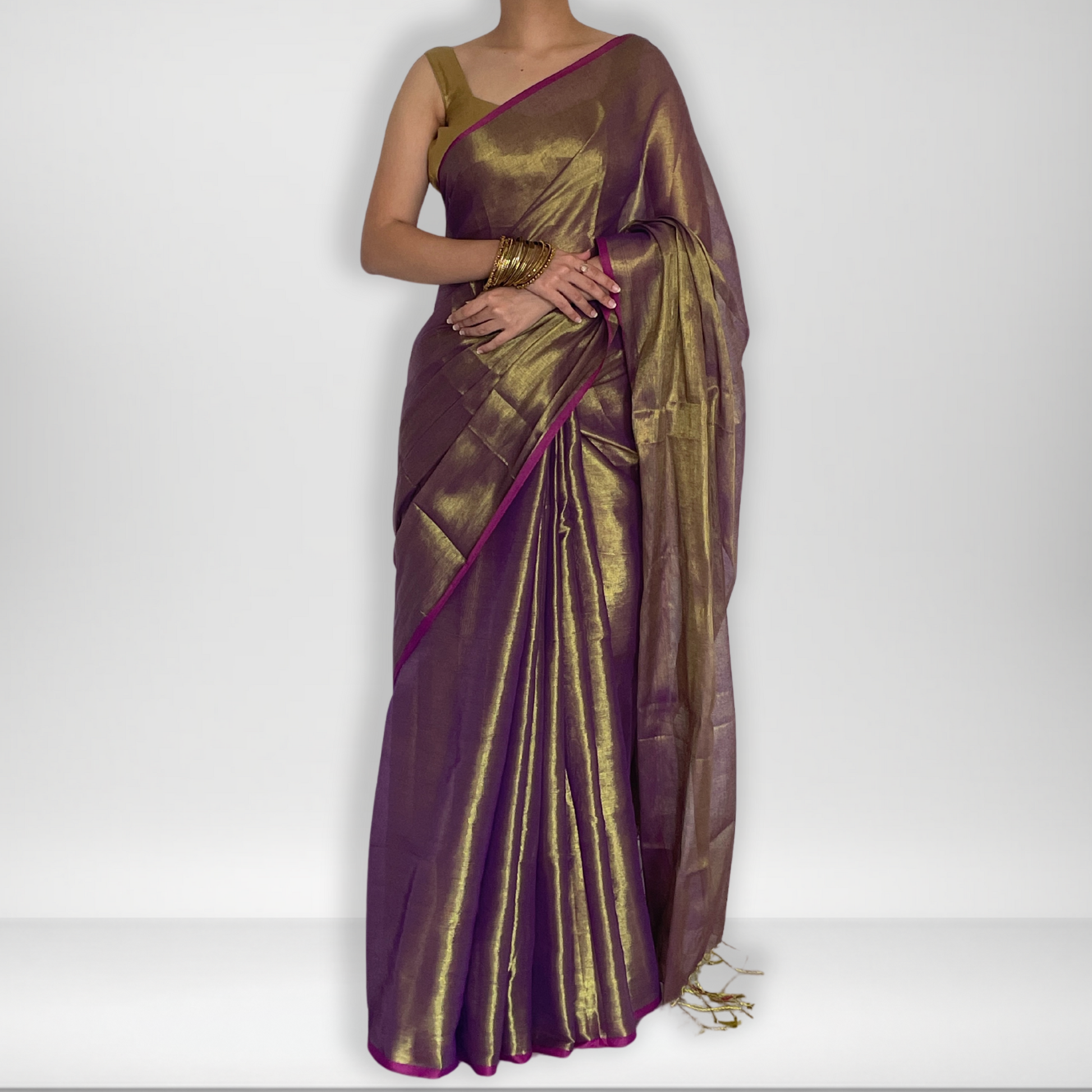 Saanvi, Purple Raga Cotton Tissue Saree with Golden Zari Work by Shobhangini