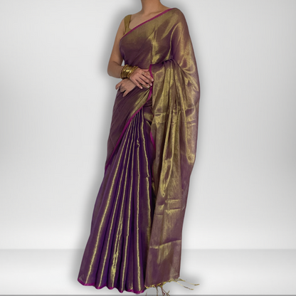 Saanvi, Purple Raga Cotton Tissue Saree with Golden Zari Work by Shobhangini