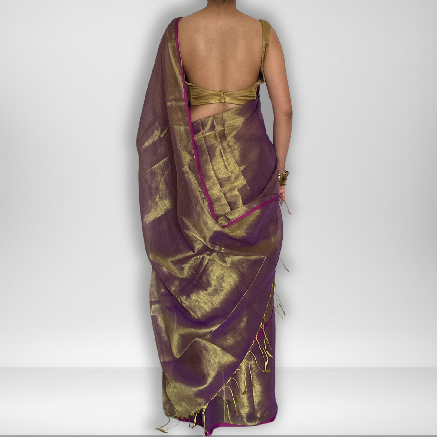 Saanvi, Purple Raga Cotton Tissue Saree with Golden Zari Work by Shobhangini