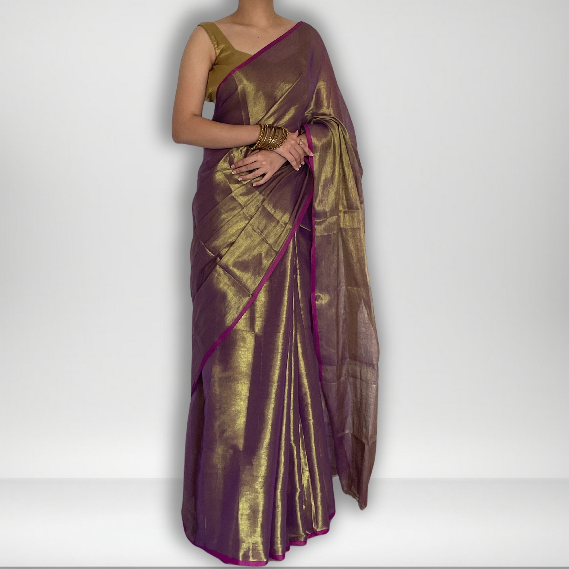 Saanvi, Purple Raga Cotton Tissue Saree with Golden Zari Work by Shobhangini