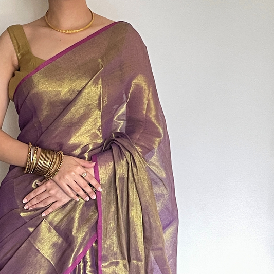 Saanvi, Purple Raga Cotton Tissue Saree with Golden Zari Work by Shobhangini