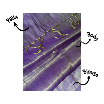 Saanvi, Purple Raga Cotton Tissue Saree with Golden Zari Work by Shobhangini