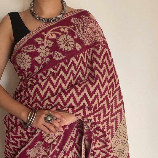 Sachi, Pink and Cream Mul Cotton Saree with Kalamkari Print by Shobhangini, Kalamkari Saree, Cotton Saree