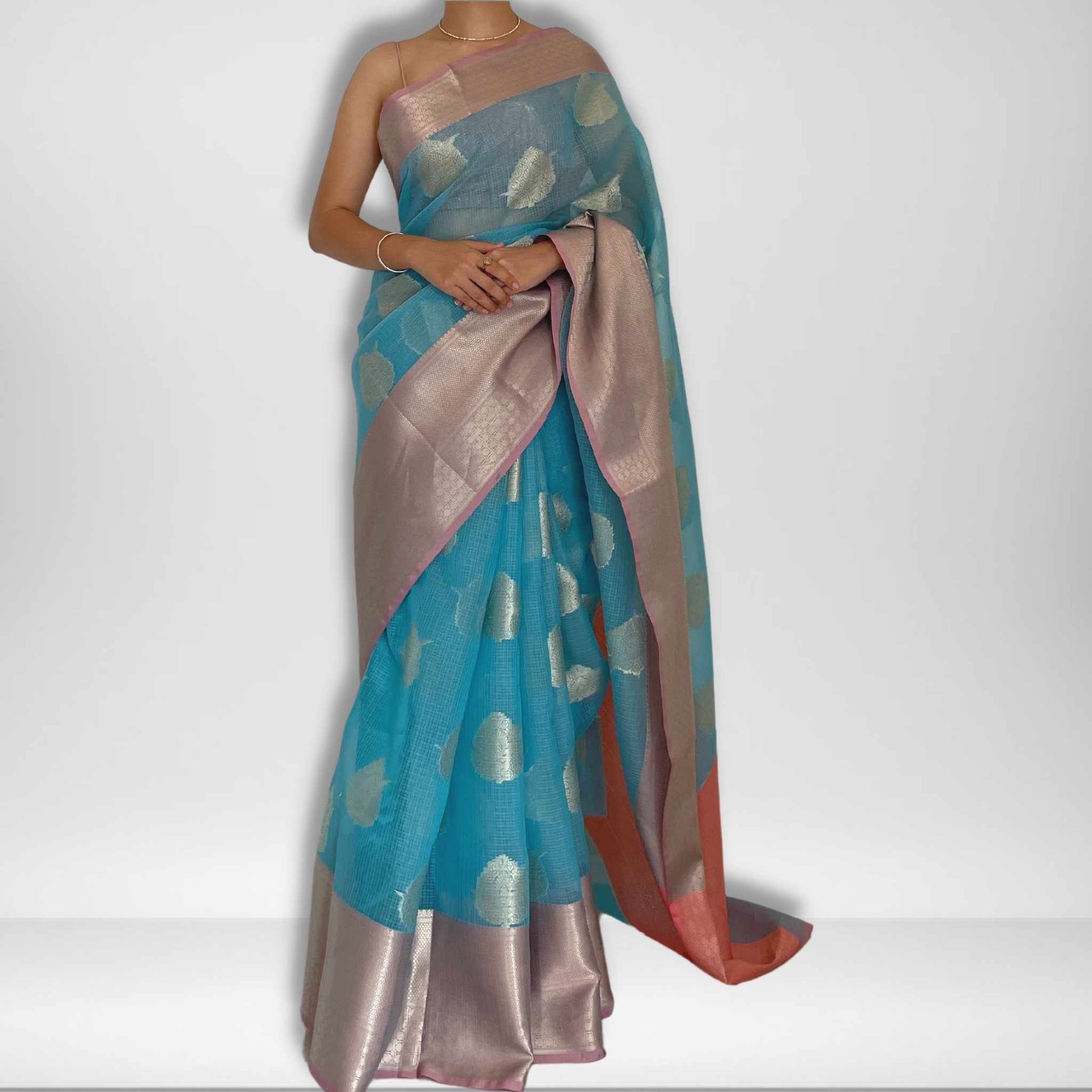 Sagarika, Dual Shift Pink and Blue Banarasi Kota Saree by Shobhangini, Banarasi Kota Saree, Silk Saree