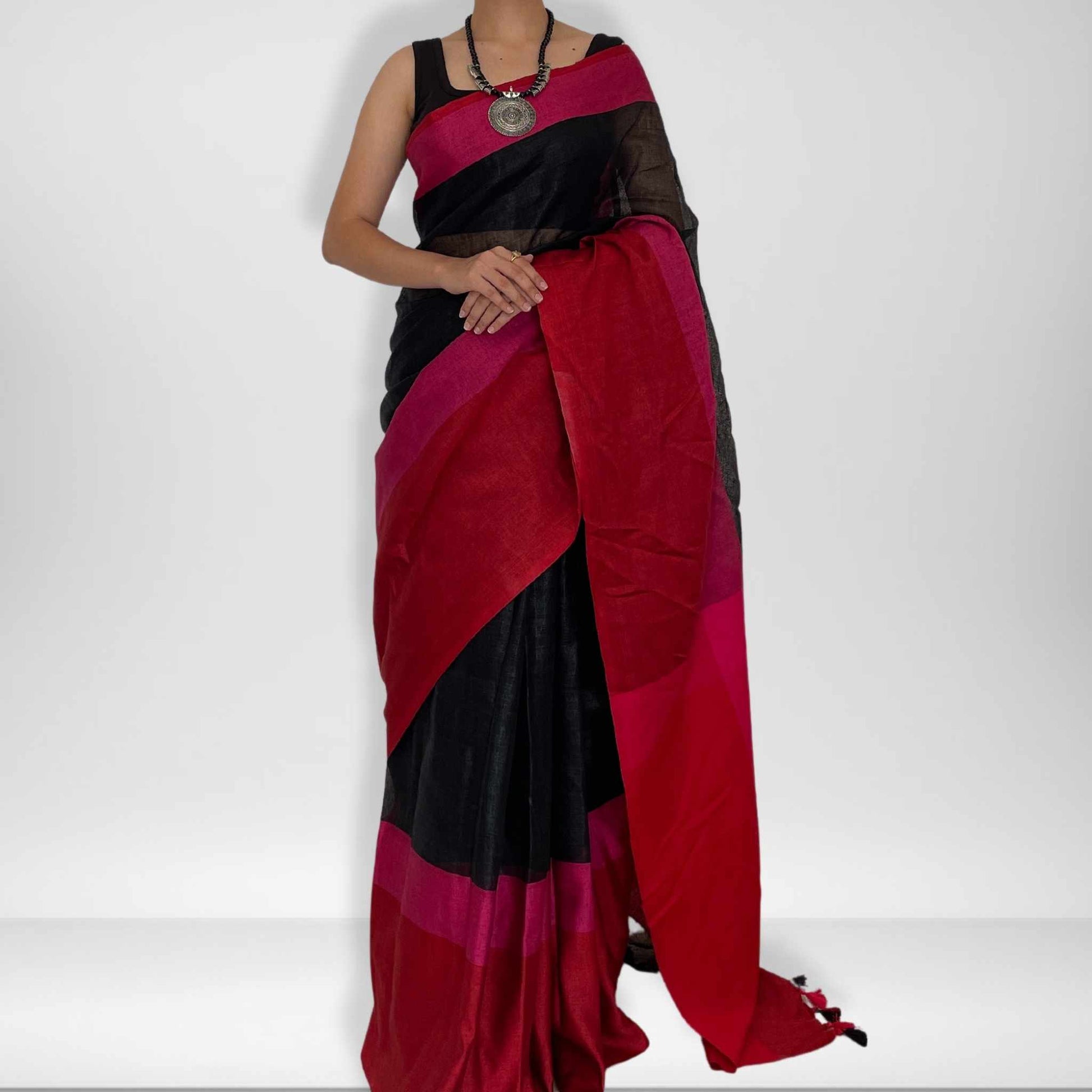 Sandhya, Pink, Red and Black Khadi Saree by Shobhangini