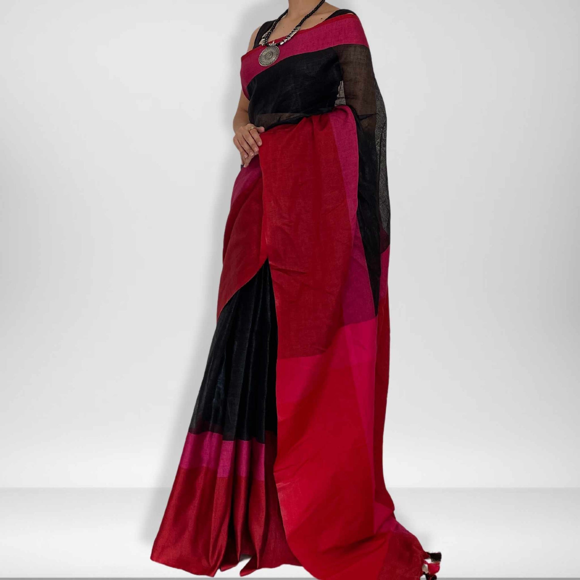 Sandhya, Pink, Red and Black Khadi Saree by Shobhangini