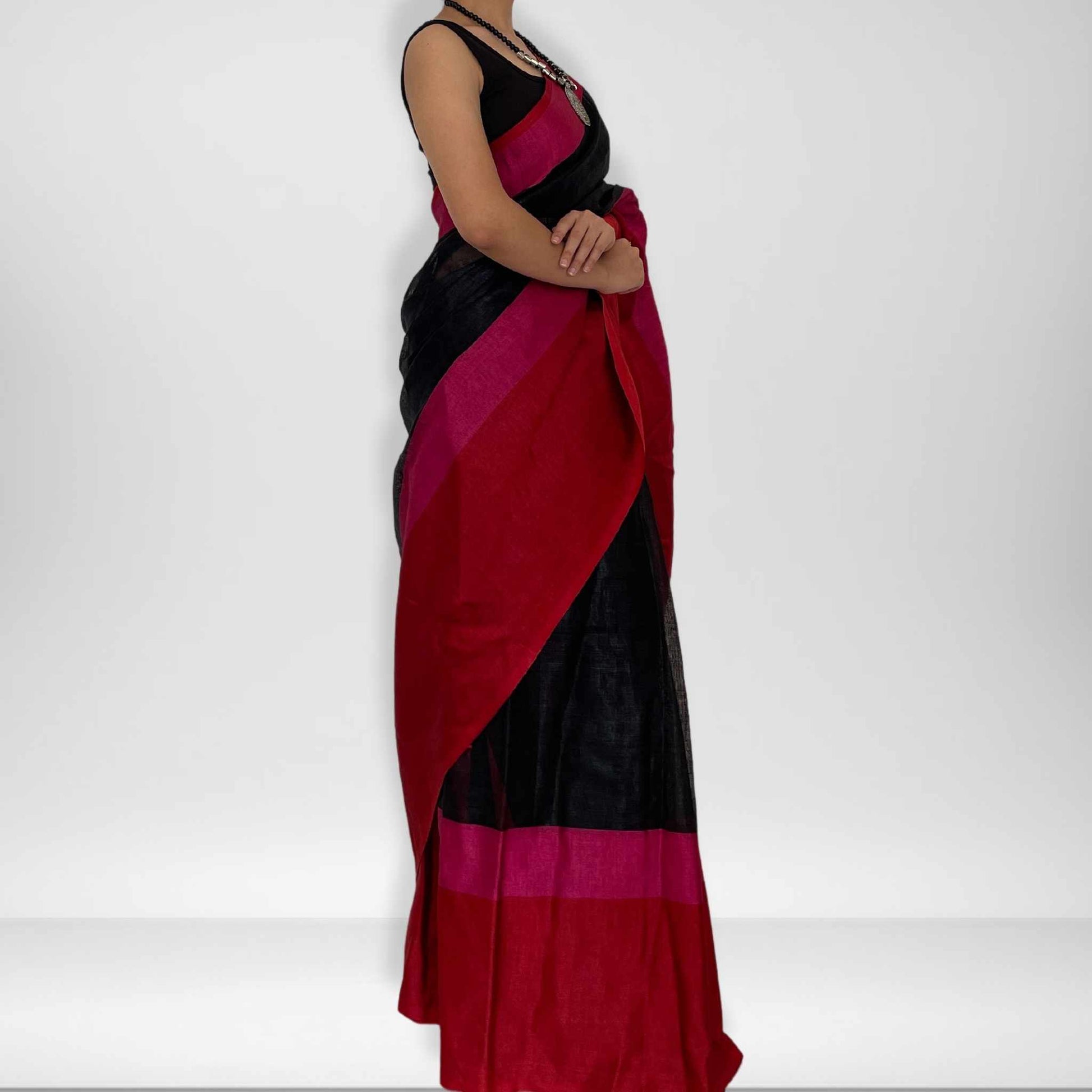 Sandhya, Pink, Red and Black Khadi Saree by Shobhangini